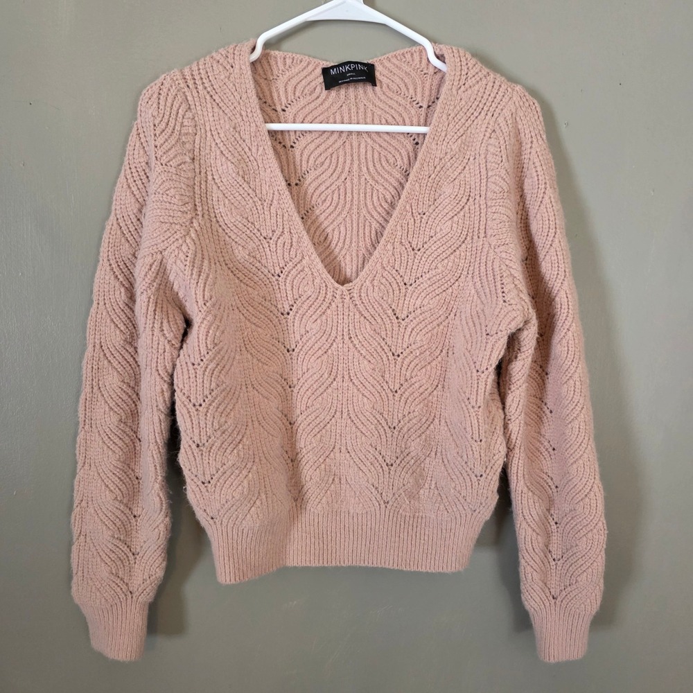 Womens Sweater Size Small Baby Pink Leaf Knit Pointelle Balletcore Soft Girl